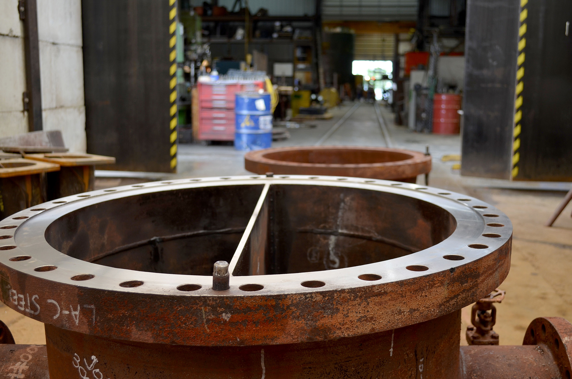 large pipe flanges exiting x-ray facility